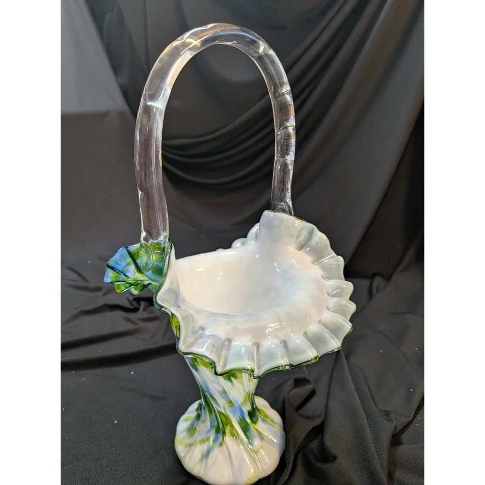 Fenton Murrhina Blue Green Aventurine Glass Handle Ruffle Basket 11